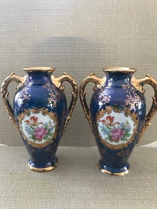 Set Of 2, KPM ROYALL PORZELLAN Bavaria Gold FLORAL Blue Porcelain 5 1/2" Vase - Picture 1 of 5