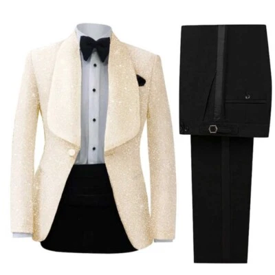Men's Shinny Slim Suits for Wedding Formal Banquet Shawl Lapel Coat Black Pants - Image 1 of 4