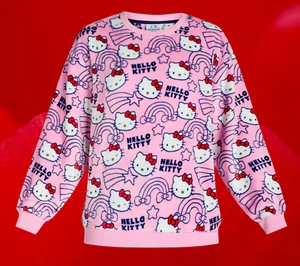 Sanrio Hello Kitty Pink Sweater All-Over Pattern Soft Minky Plush Sweatshirt LRG - Picture 1 of 12