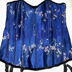 Vintage Shirley of Hollywood floral corset Blue Black Size 32 Floral Embroidery - Picture 1 of 19