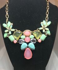 EUC STATEMENT BIB NECKLACE FLOWERS Pink-Green-Blue Stones Gold Tone Unbranded
