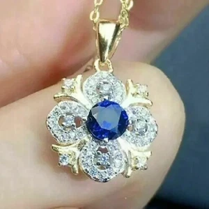 2CT Round Simulated Sapphire 925 Silver Women Flower Pendant Yellow Gold Plated - Picture 1 of 2