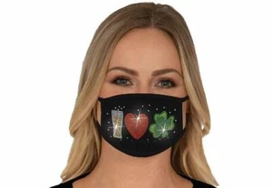 St. Patrick's Day Washable Black Face Mouth Mask Cotton Rhinestone Embellished - Picture 1 of 4