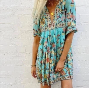 SPELL - Hendrix Turquoise Mini Tunic - Boho Blue Floral Tiered Dress - S/Small - Picture 1 of 17