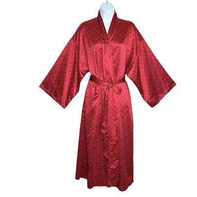 Natori Greek Key Pattern Belted Kimono Robe Womens M Dark Red Floral Accents - Image 1 of 4