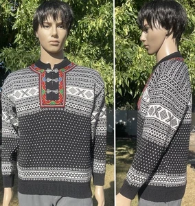 vintage NORWOOL norwegian heavy 100% wool sweater pewter clasps fair isle mens S - Picture 1 of 14