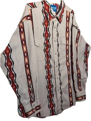 Pearl Snap Wrangler SouthWestern Men’s Shirt XL Aztec Design Cowboy 100% Cotton - Image 1 of 4