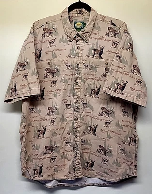Cabelas Shirt Mens XL Tall Beige AOP Deer Button Down Hunting Chamois - Image 1 of 4