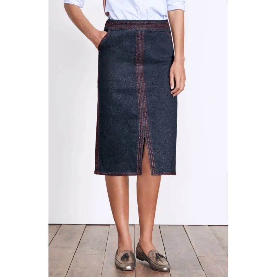 Falda midi denim lavado oscuro Boden US12, costuras en contraste, clásica elegante Foto 1 de 4