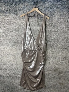 Abito I AM GIA donna XL tortora shimmer Irie midi drappeggiato increspato metallizzato festa - Foto 1 di 7