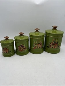 Vtg 1970s Kromex Aluminum Canister Set Of 4 Green Strawberry Basket Wood Knobs - Picture 1 of 24