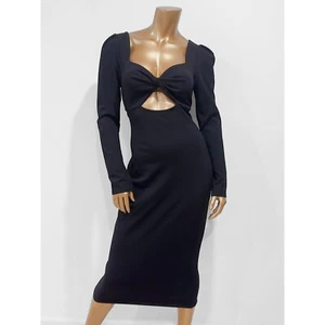 H&M Women's Black Twist Front V-Neck Long Sleeve Cutout Fitted Midi Dress Size M - Picture 1 of 4