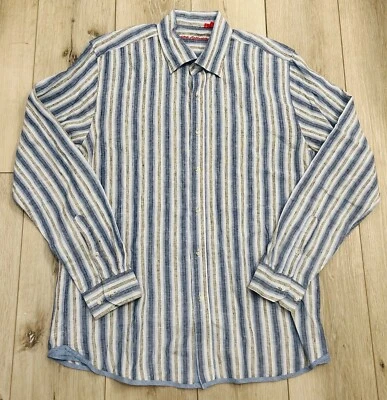 Report Collection Resort 100% Linen Vert Stripe Blue Button Up Long Sleeve SZ LG - Image 1 of 4