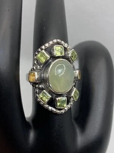 Vintage 925 Sterling Silver Green Multi Gems Aventurine Chrysolite Ring Size 7 - Picture 1 of 9