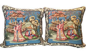 Needlepoint Pillow Asian Oriental Pagoda with Velvet  Back 20x20 Zippered Covers