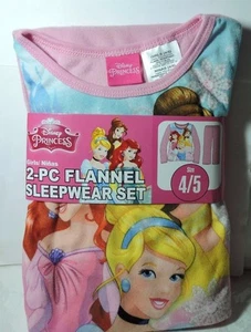  New Girls Disney Princess 2 pc Flannel Pajamas Set 4/5 Ariel Cinderella Belle - Picture 1 of 4