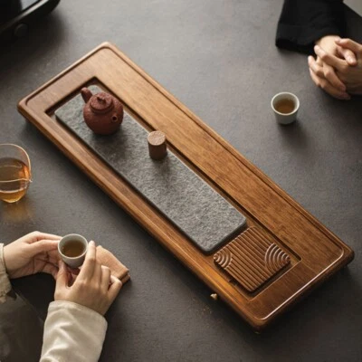 Heavy Bamboo Stone Tea Tray Water Draining Reservoir Serving Tray For Tea Set - Image 1 of 4