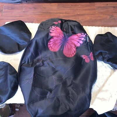 Fundas de asiento de coche de poliéster mariposa negro/rosa de 4 piezas. 1 funda asiento con 3 reposacabezas Foto 1 de 3