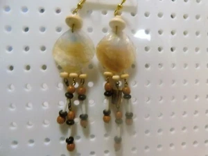 Shell & Wood Beaded Dangle Earrings w/Gold Ear Wires Fashion Jewelry - Picture 1 of 6