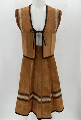 Conjunto Chaleco + Falda Vintage Gamuza Cuero Hippie Festival Bohemio Retro Marrón  Foto 1 de 4