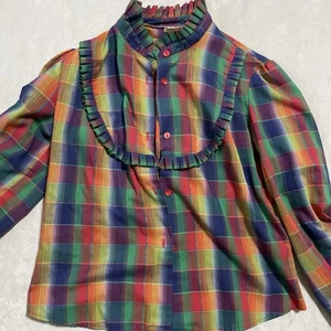 Button-Up Rüschen Plissee Karierte Vintage Bluse Rags M-L? Country 70er Jahre Regenbogen Lätzchen - Bild 1 von 10