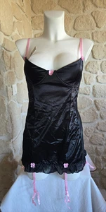 Ensemble nuisette porte jarretelles et string noir et rose n° 7615 neuf (li) - Imagen 1 de 8