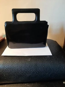 Vintage 60s Fine Black Leather French Handbag Clutch Made In FRANCE Sleek - Picture 1 of 7