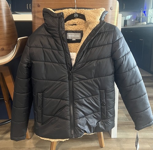 GIACCA PUFFER CON CAPPUCCIO IN PELLICCIA SINTETICA PER BAMBINI Michael Kors nera taglia large 14 16 nuova con etichette