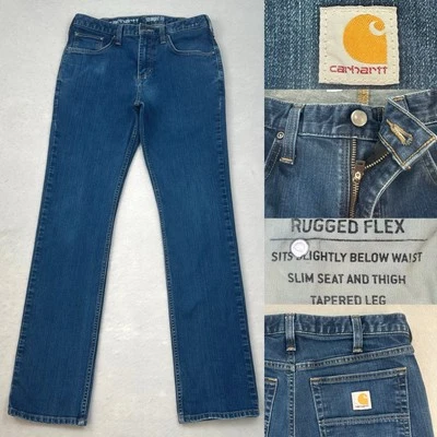 Pantalones de mezclilla CARHARTT resistentes flexibles calce recto para hombre 32 W x 33,5 azul muslo pierna cónica Foto 1 de 4