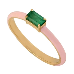 18K Gold Emerald Ring Pink Enamel Band Dainty Stackable Gemstone Fine Jewelry - Picture 1 of 6