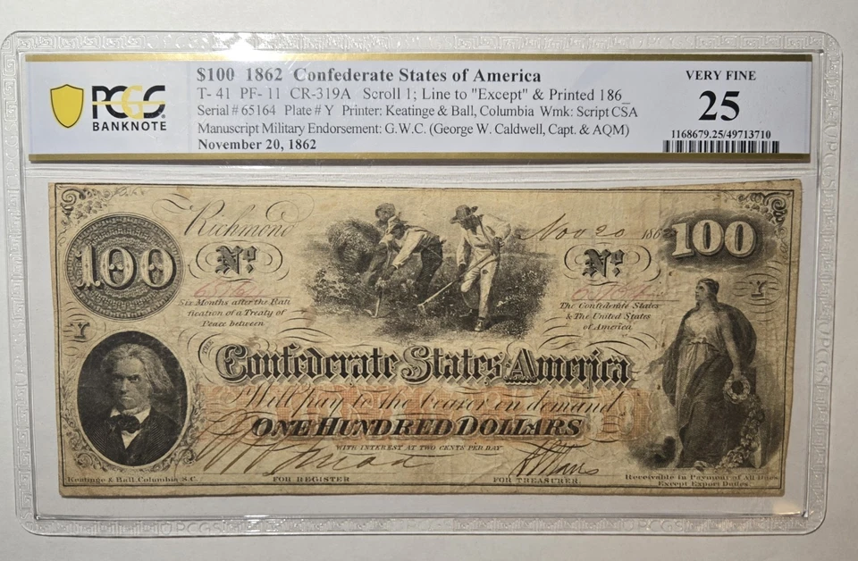 1862 T-41 $100 Confederate States of America Note - VF25 Graded PCGS - Image 1 of 4
