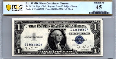 $1 1935-D Silver Certificate "NARROW" PCGS 45 CHOICE XF Fr. 1613N - Image 1 of 3