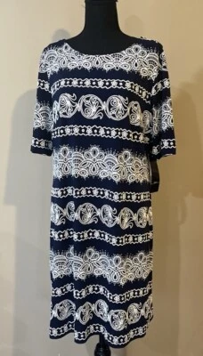 R&K Dress Navy Cream Embroidered Straight Stretch Short Sleeve Women’s Size 16 - Image 1 of 4