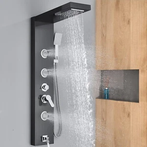 Stainless Steel Rain&Waterfall Shower Panel Tower System Massage Body Jets Black - Picture 1 of 14