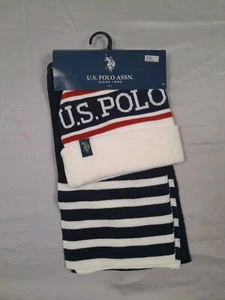 U.S. Polo Assn .Men Hat & Scarf 2 Piece Set Stripe Ivory Navy Blue New Nwt - Picture 1 of 3