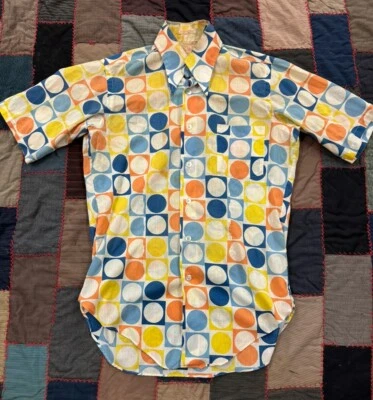 复古 20 世纪 70 年代 John Weitz 几何 Trippy 嬉皮纽扣衬衫男式中号 — 第 1/4 张图片