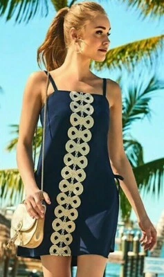 Lilly Pulitzer Sahar True Navy Gold Lace Detail Crepe Shift Dress Romper 0 6 - Image 1 of 4