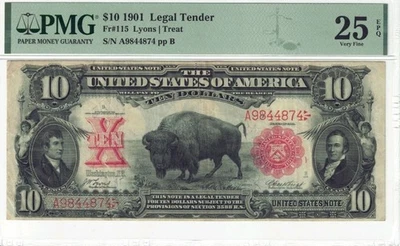 Billete de 10 dólares de curso legal de 1901 bisonte Fr#115 PMG VF25 EPQ moneda en muy buen estado Foto 1 de 2