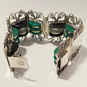 Vintage Del Rio 925 Sterling Filigree Green Jade & Onyx Bracelet Mexico - Picture 1 of 10
