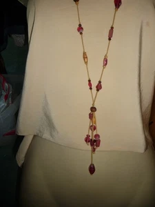 MURANO GLASS & WOOD BEADS ON BEIGE CORD W TASSEL NO CLAS 18'' L NECKLAC #27/6 - Picture 1 of 6