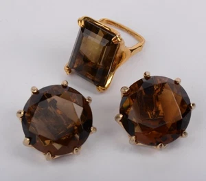 Vintage Vendome Smoky Topaz Glass Gold Tone Ring & Earrings Set - Picture 1 of 14