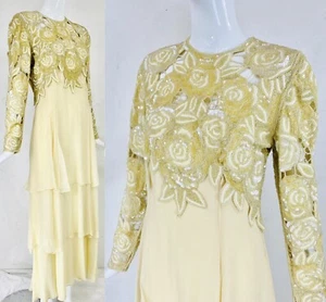 Vintage NAEEM KHAN RIAZEE COUTURE blass zitronengelb perlenpailletten Abendkleid Kleid S - Bild 1 von 12