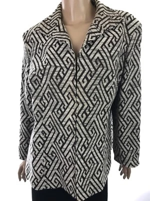 Chico's Brown & White Pattern Jacket Blazer Sz 2/L Hook/Eye Closure Long Sleeve - Image 1 of 4