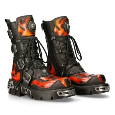 NEWROCK New Rock 107-S1 Red Skull Devil Black Leather Boot Biker Goth Rock Boots - Image 1 of 4