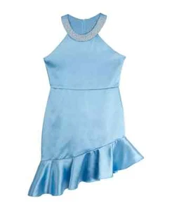 Rare Editions Sleeveless Imitation Pearl Halter Dress Big Girls 8 Blue Back Zip - Picture 1 of 17