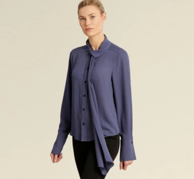 $145.00 Donna Karan New York NECKTIE BLOUSE Bluish-Grey Sz M NWT - Image 1 of 4