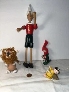 LOT Vintage Wooden Toy Christmas Tree Ornaments Skier Angel Pinocchio Lion - Picture 1 of 2