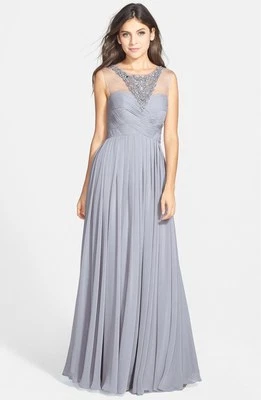 $308+ JS COLLECTIONS Embellished Illusion Yoke Chiffon Gown GRAY WEDDING SIZE 8 - Image 1 of 3