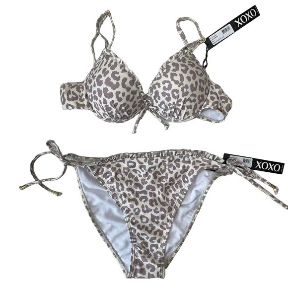 XOXO Women’s Leopard Print Bikini Ruffle Tie Side Swimsuit Set Push Up Top SZ L - Изображение 1 из 4