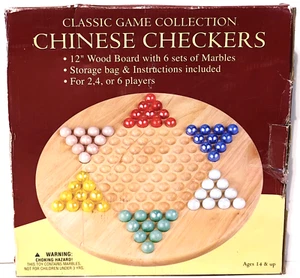 Chinese Checkers - 12" Cassic Wood Board - with 6 Sets of Marbles - Complete - Picture 1 of 5